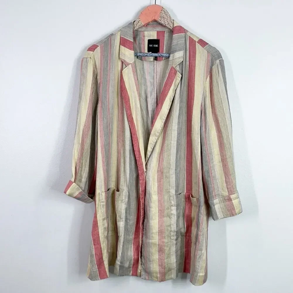 Nic + Zoe clover stripe linen blend oversized blazer size XL